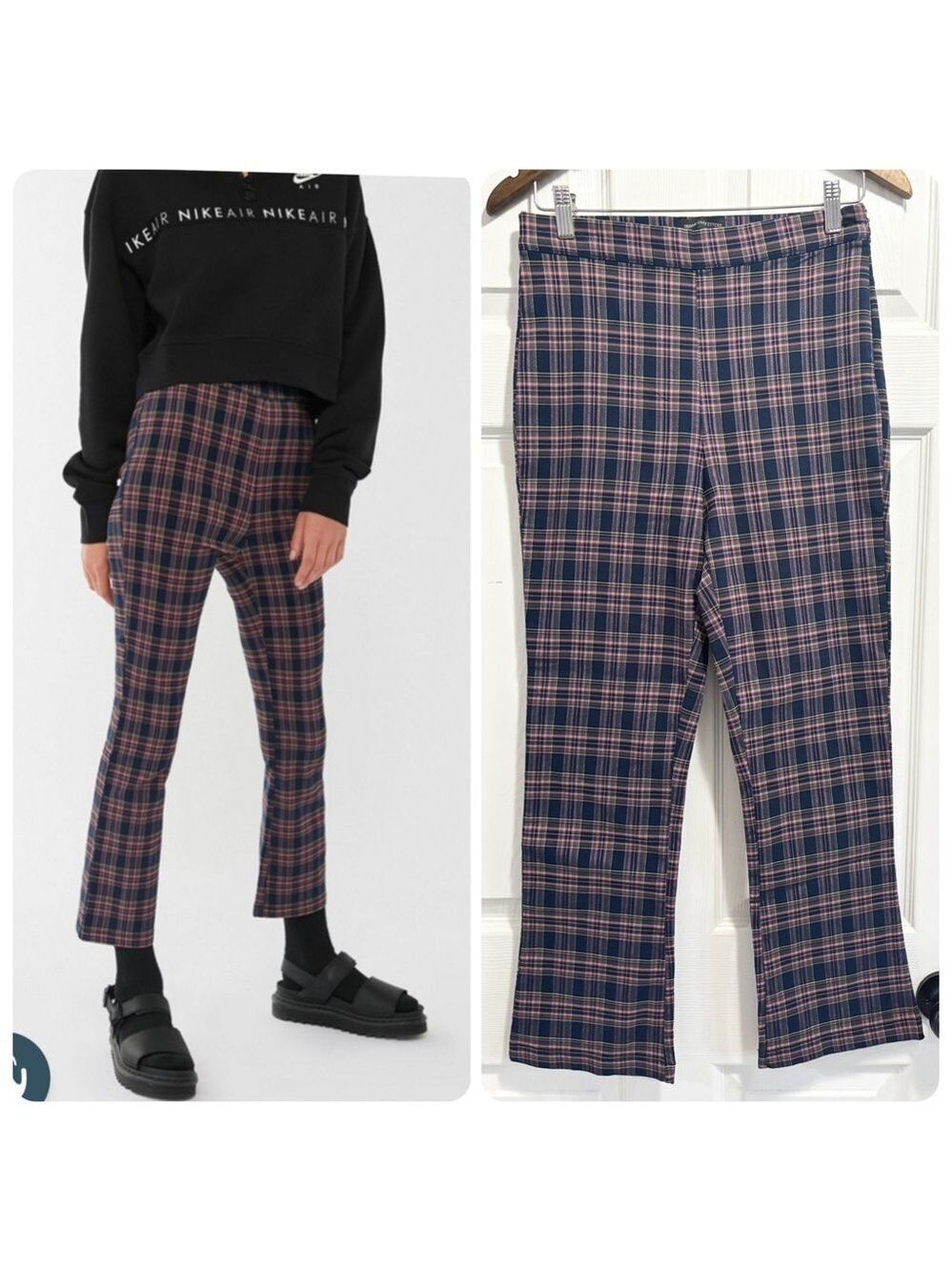 Urban Outfitters Lola Plaid Kick Flare Pants Stretchy Side Zip Navy Pink Sz 10